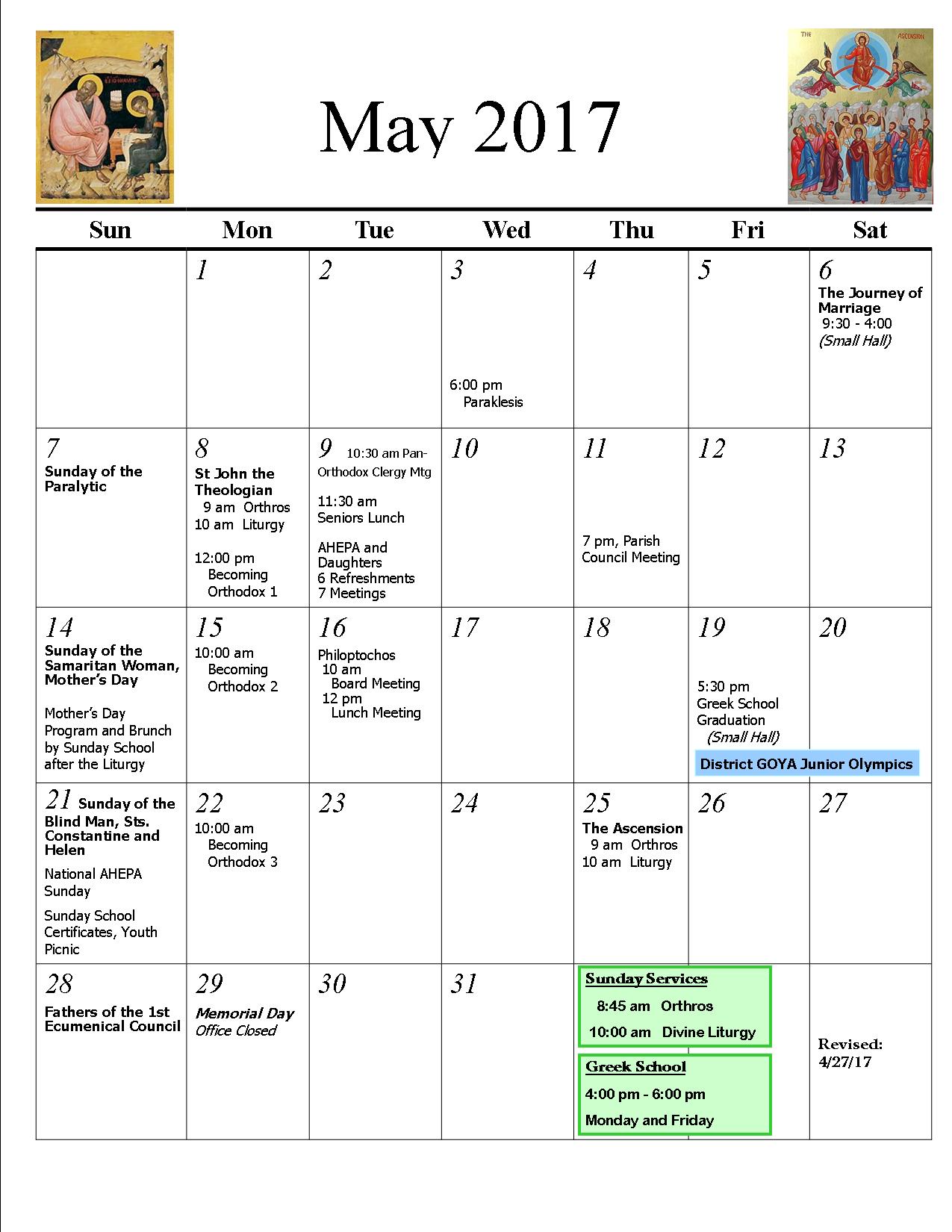 Parish Calendar St. Catherine Greek Orthodox Church